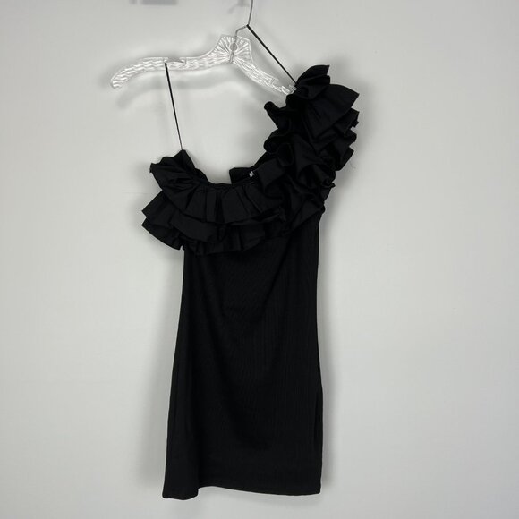 Zara Womens Black One Shoulder Asymmetrical Ruffle Mini Dress Bodycon size M - Picture 9 of 13